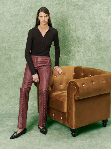 Sepatu Flats Lace-Tie Jianna Leather, Black, hi-res