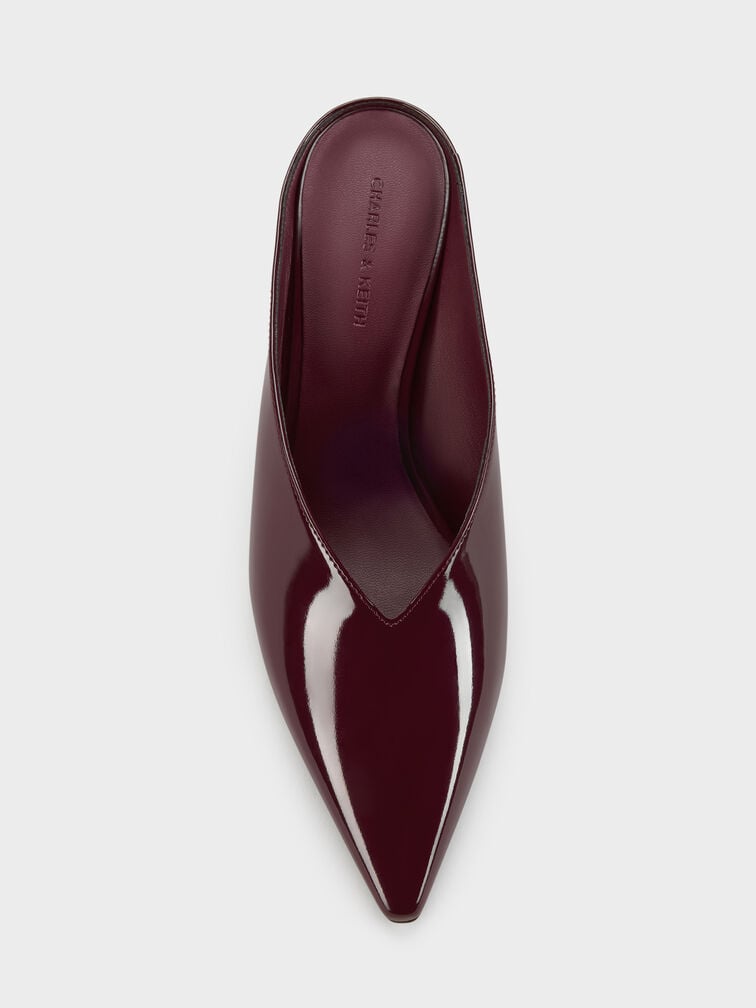 Patent Pointed Heeled Mules, Burgundy, hi-res