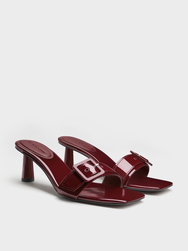 Sepatu Mules Heeld Buckle Strap Patent, Burgundy, hi-res