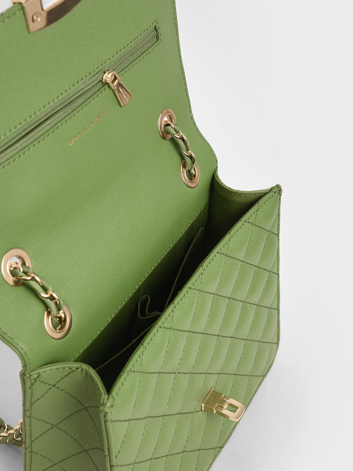 Quilted Chain Strap Clutch, Green, hi-res