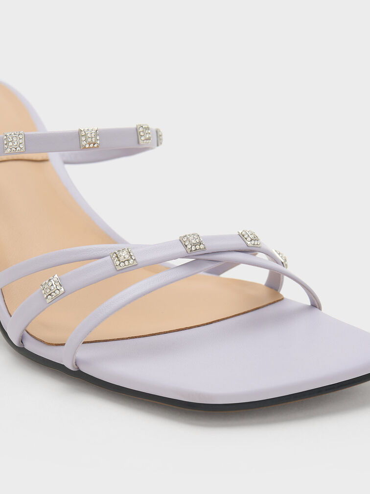 Sepatu Heeled Mules Square Crystal-Embellished Leather, Lilac, hi-res