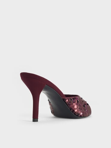 Sepatu Mules Stiletto-Heels Sequinned, Burgundy, hi-res