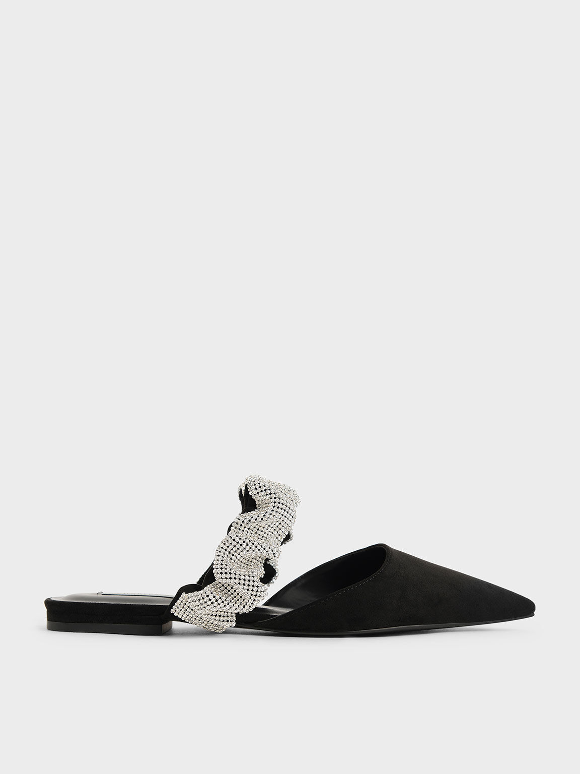 Sepatu Gem-Encrusted Ruched Strap Textured Mules, Black, hi-res