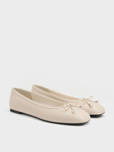 Sepatu Ballet Flats Pearl-Embellished Bow Barbara, Chalk, hi-res