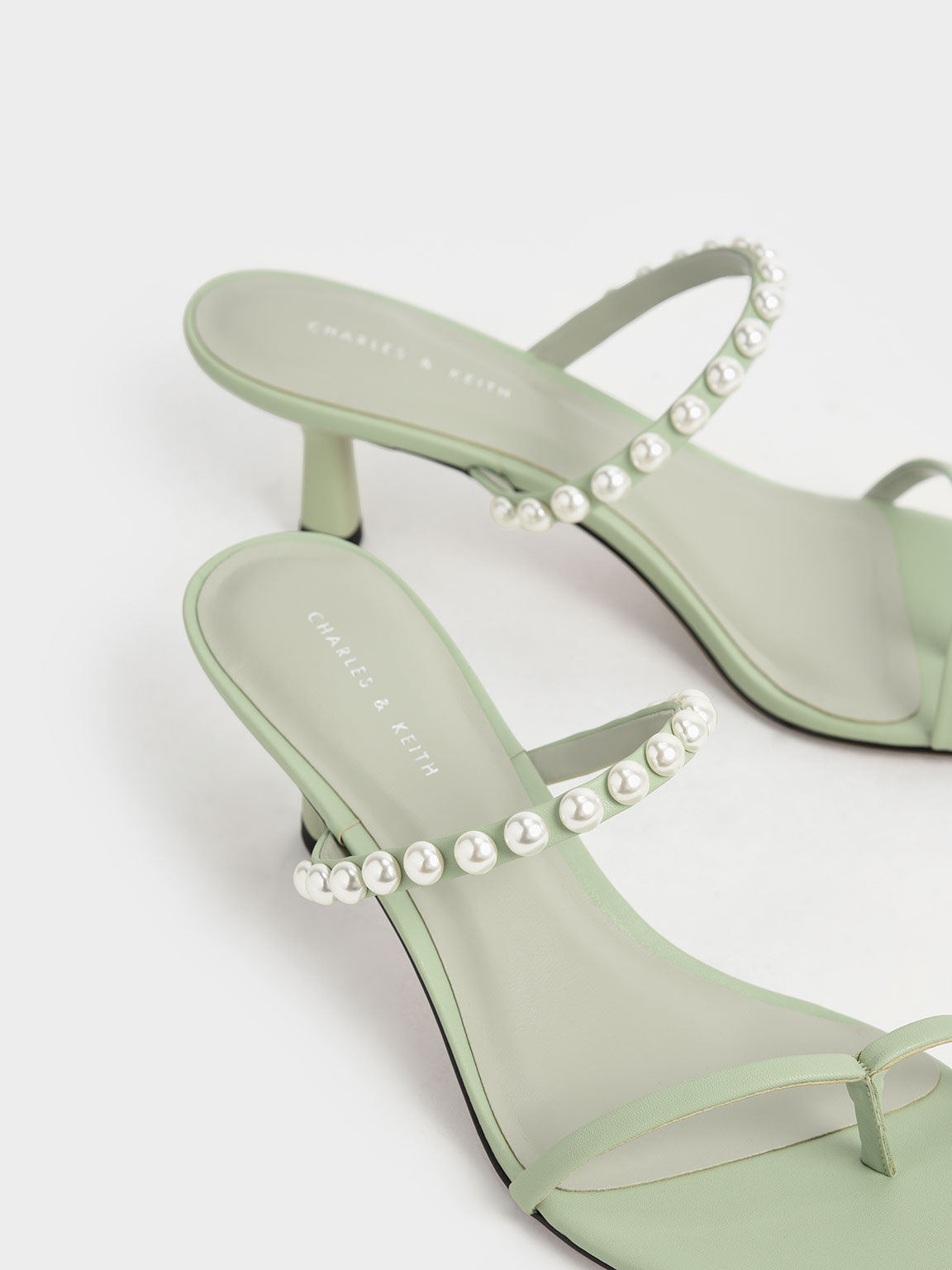 Sandal Thong Heeled Pearl-Embellished, Sage Green, hi-res