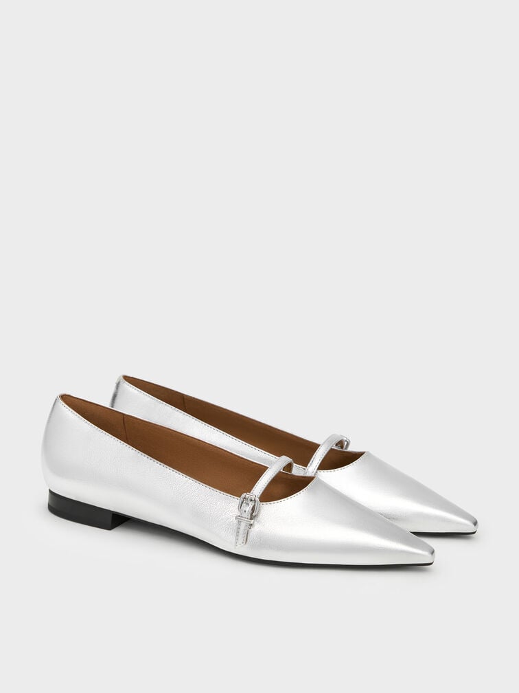 Metallic Pointed Ballet Flats, Silver, hi-res