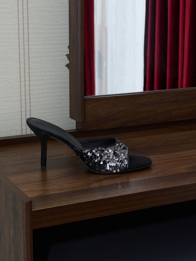 Sepatu Mules Stiletto-Heels Sequinned, Black Textured, hi-res
