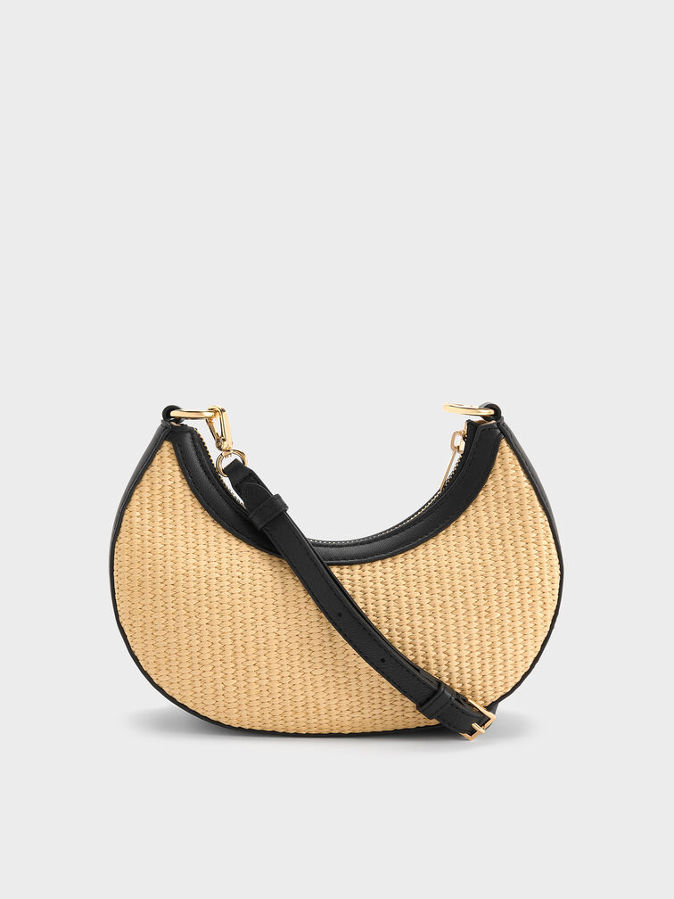 Tas Hobo Leather & Raffia Crescent, Neutral Raffia, hi-res