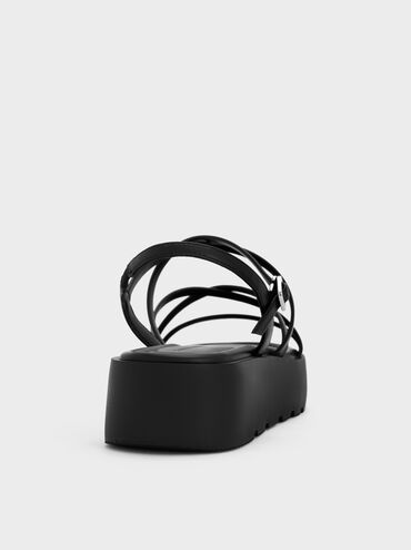 Strappy Ridged-Sole Flatform Sandals, Black, hi-res