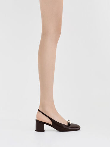 Sepatu Slingback Pumps Block-Heel Patent Bow Dorian, Dark Brown, hi-res