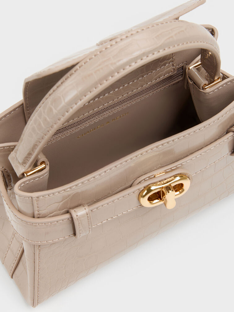 Tas Top Handle Belted Croc-Effect Aubrielle, Taupe, hi-res