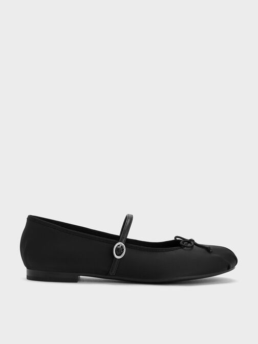 Sepatu Flats Mary Jane Satin Bow, Black, hi-res