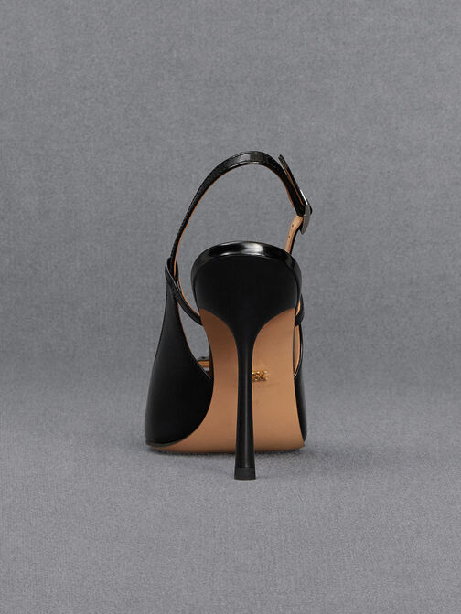 Sepatu Slingback Pumps Pointed-Toe Leather, Black Box, hi-res