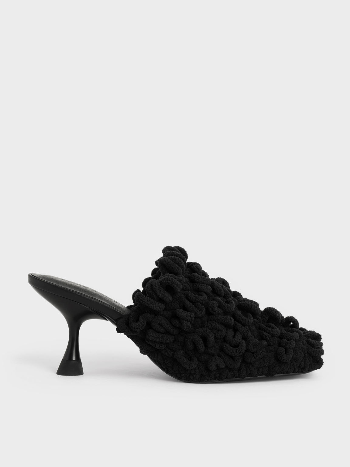 Sepatu Mules Textured Spool Heel, Black, hi-res