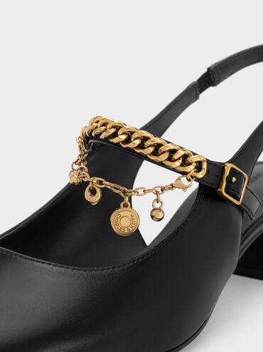Sepatu Pumps Slingback Mary Jaane Charm Double-Chain, Black, hi-res