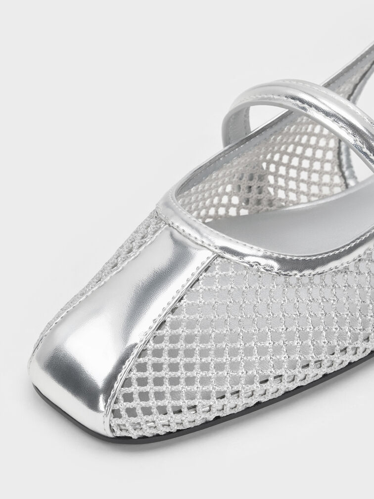 Sepatu Flats Mary Jane Slingback Mesh Ellory, Silver, hi-res