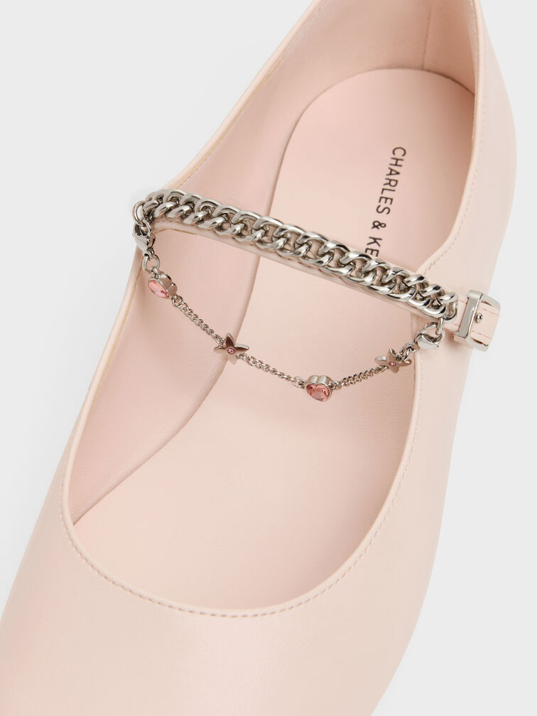 Sepatu Flats Mary Jane Charm Double-Chain, Pink, hi-res