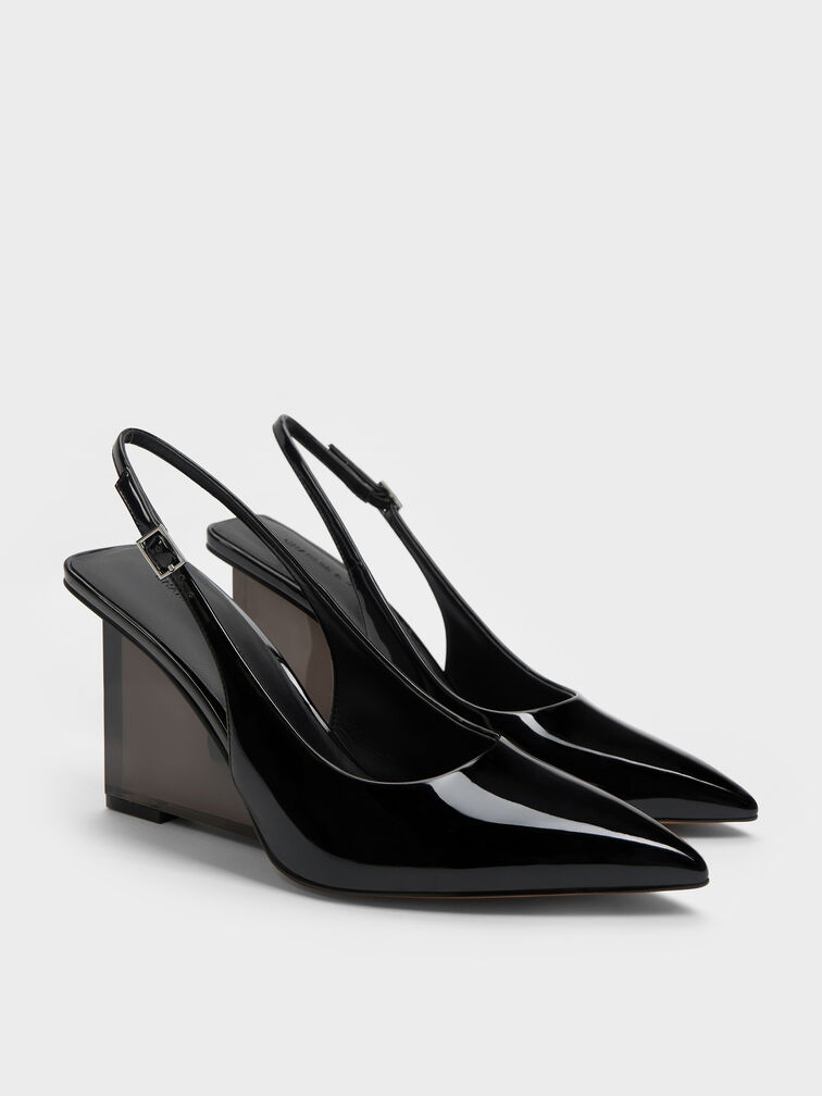 Sepatu Wedges Translucent-Heel Slingback Patent, Black Patent, hi-res