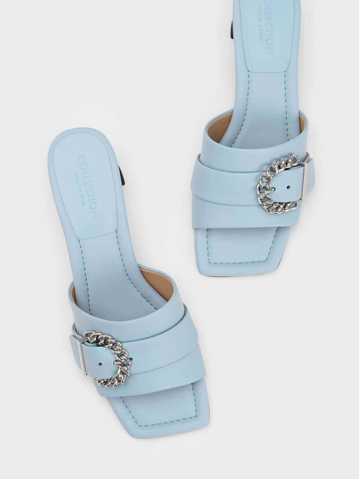 Chain-Buckled Leather Mules, Blue, hi-res