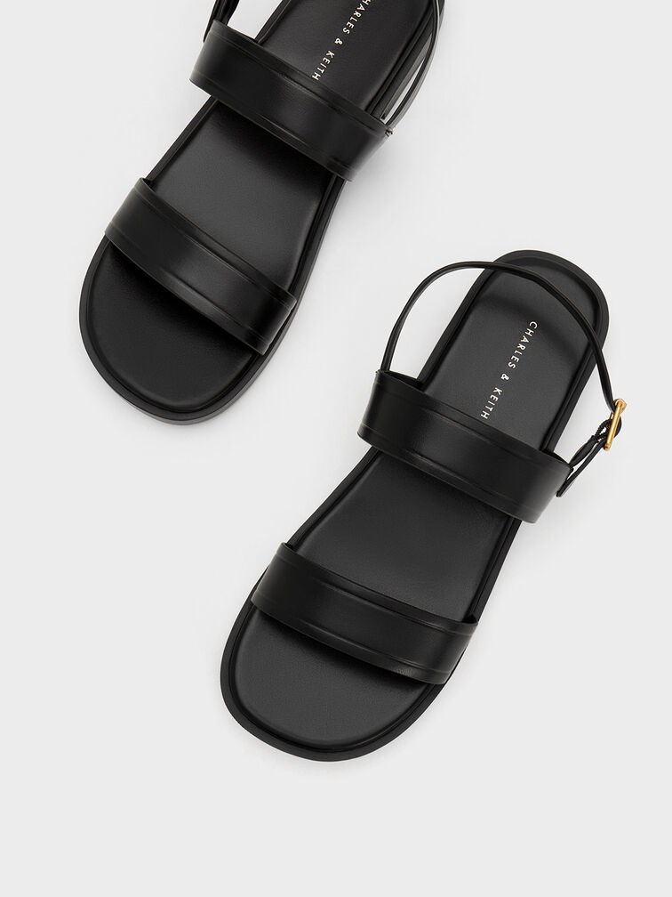 Buckled Double Strap Sandals, Black, hi-res