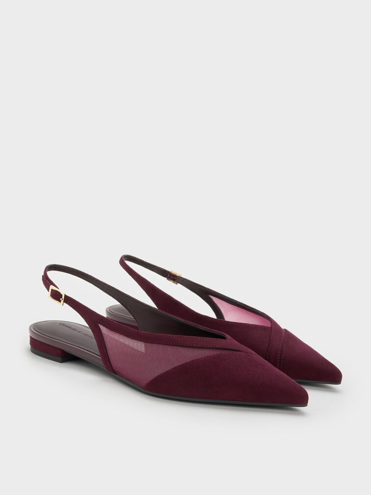 Sepatu Flats Slingback Suede & Mesh Faux, Burgundy, hi-res