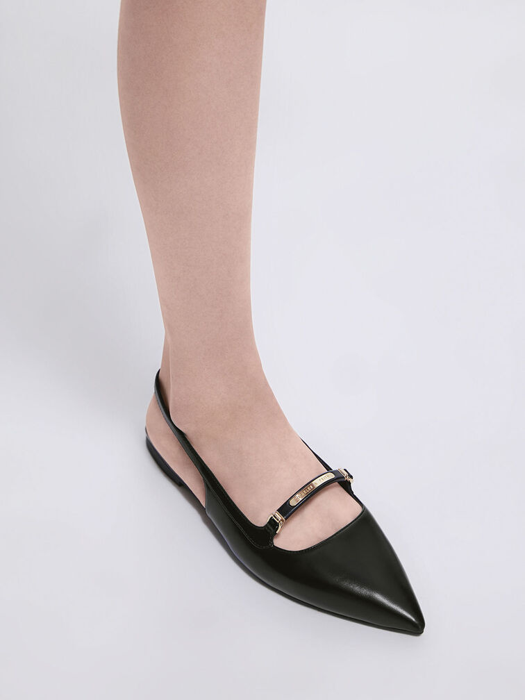 Sepatu Flats Slingback Metallic Bar Accent, Black, hi-res