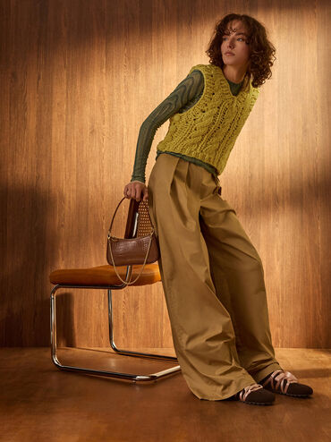 Tas Bahu Chain-Link Croc-Effect Eispeth, Chocolate Croco, hi-res