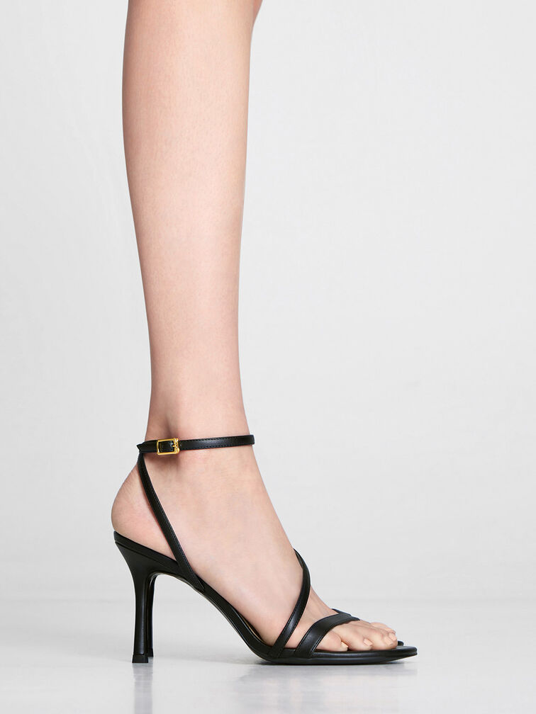 Sandal Strappy Heeled Asymmetric, Black, hi-res
