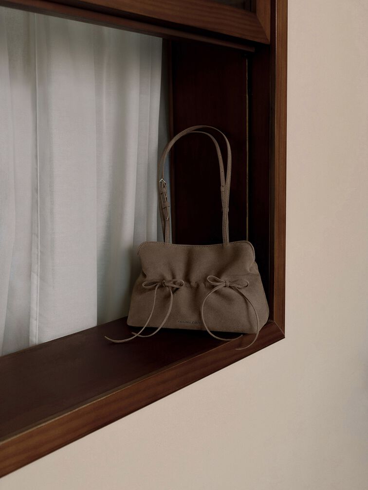 Tas Bahu Bow Ruched Reese, Stone Grey, hi-res