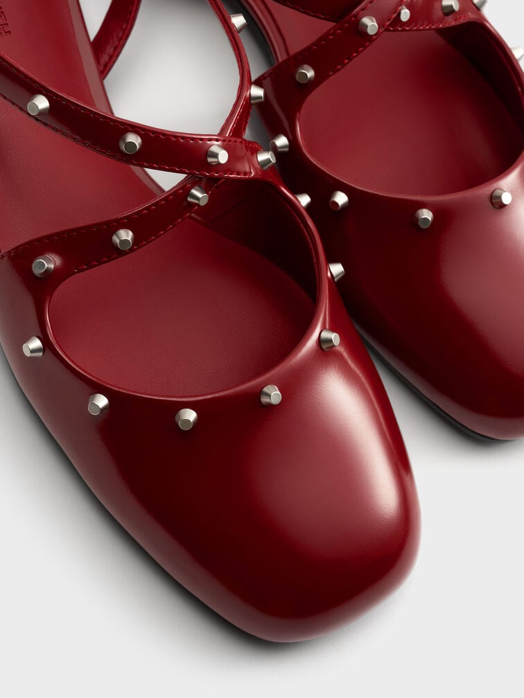 Sepatu Flats Slingback Crossover Studded, Red, hi-res
