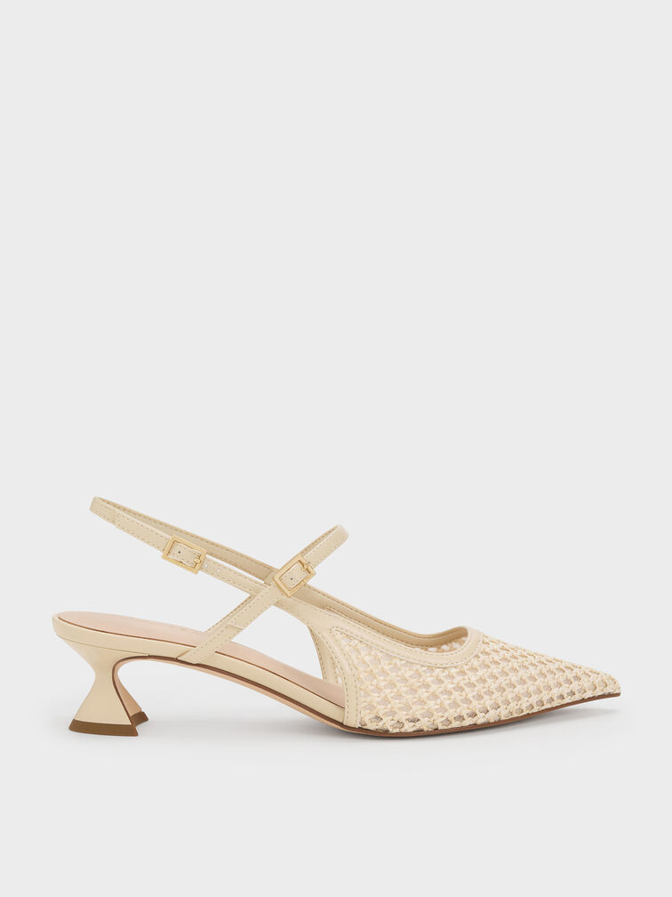 Sepatu Pumps Slingback Sculptural-Heel Raffia, Beige, hi-res