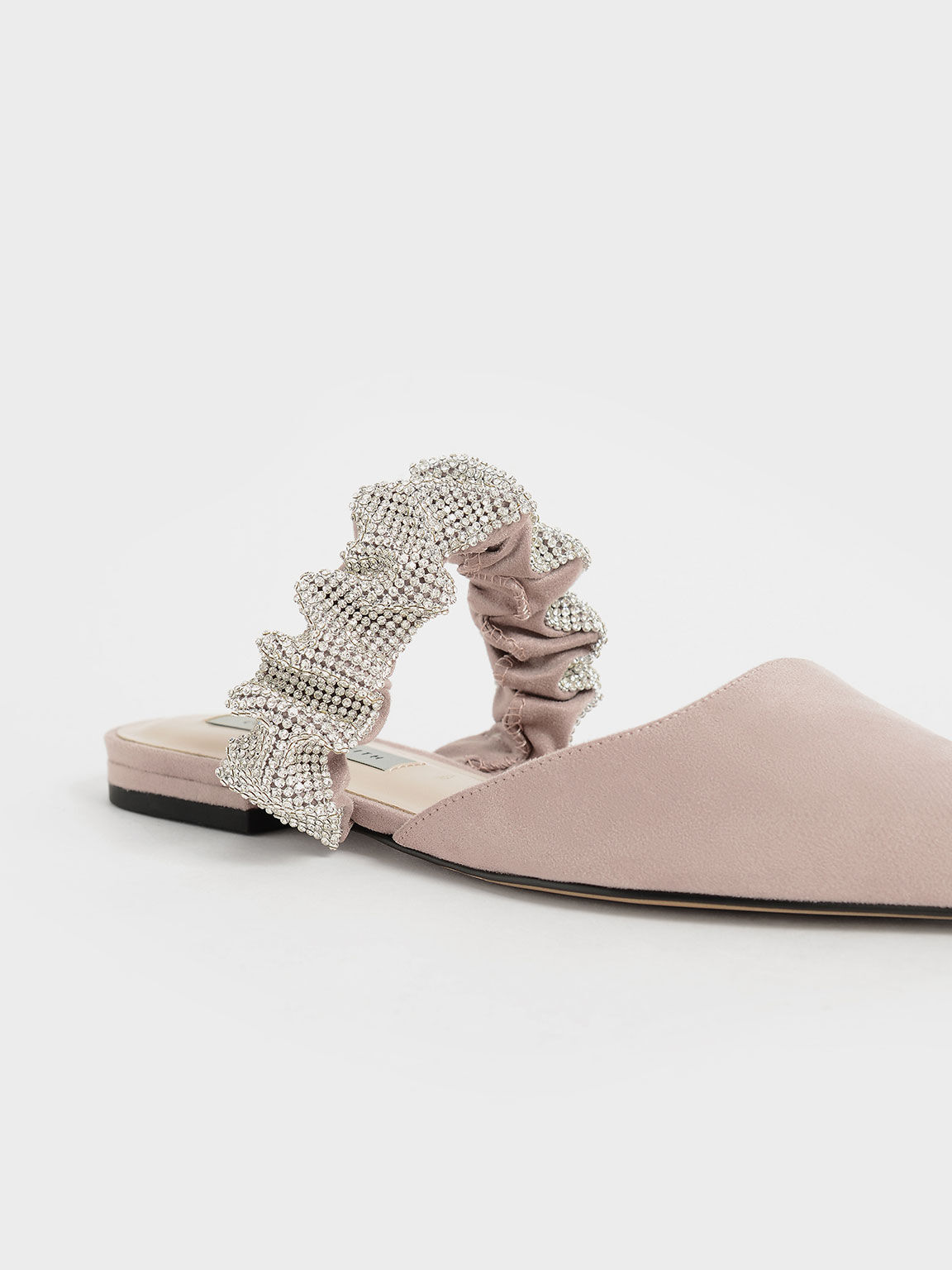 Sepatu Gem-Encrusted Ruched Strap Textured Mules, Nude, hi-res