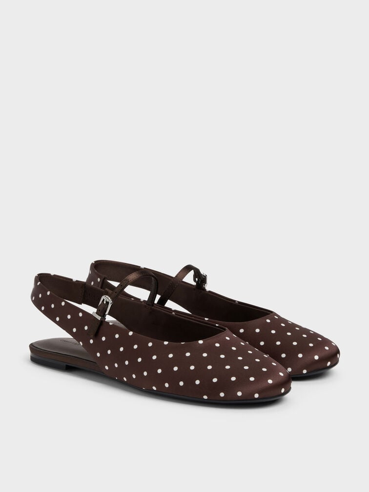 Sepatu Flats Slingback Imani Polka-Dot, Dark Brown Textured, hi-res
