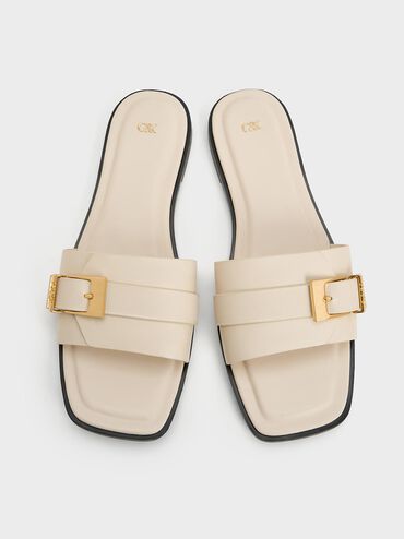 Sandal Slide Square-Toe Buckled Whitney Leather, Chalk, hi-res