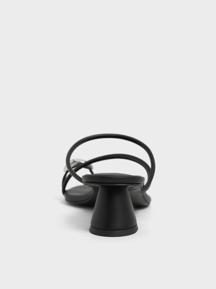 Sandal Heeled Strappy Toe-Ring Metallic-Accent, Black, hi-res