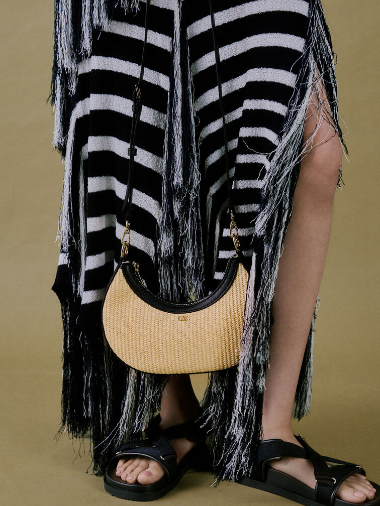 Tas Hobo Leather & Raffia Crescent, Neutral Raffia, hi-res