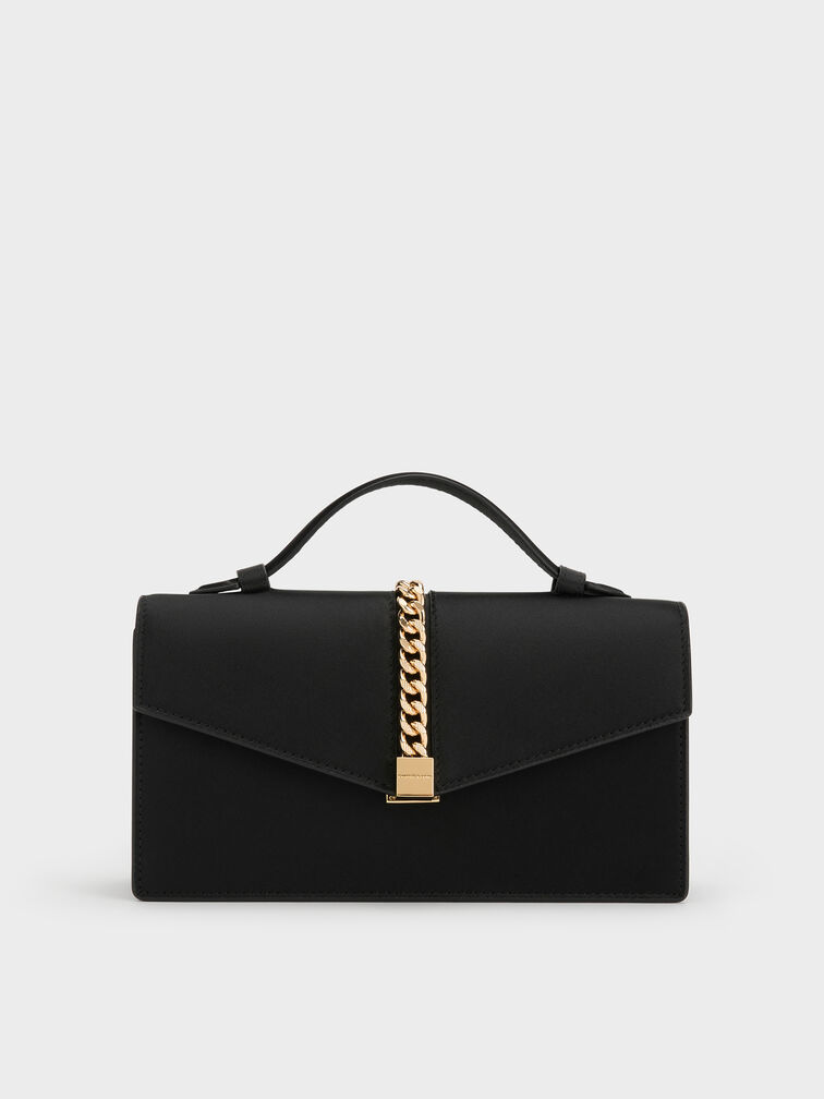 Taisia Satin Chain-Strap Envelope Bag, Black, hi-res