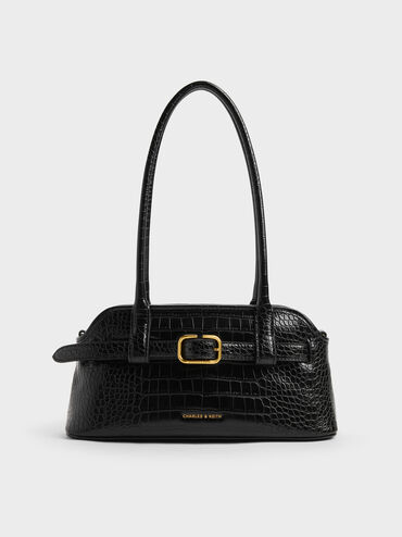 Tas Bahu Belted Croc-Effect Victoria, Black Croco, hi-res