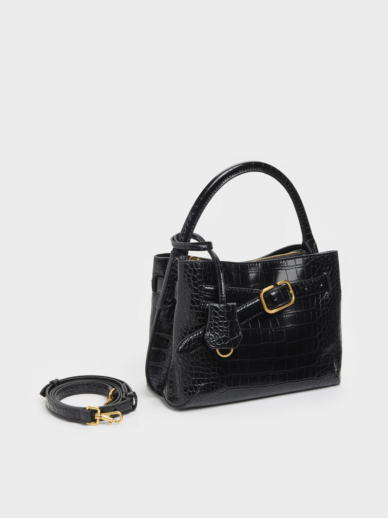 Tas Top Handle Victoria Belted Croc-Effect, Black Croco, hi-res