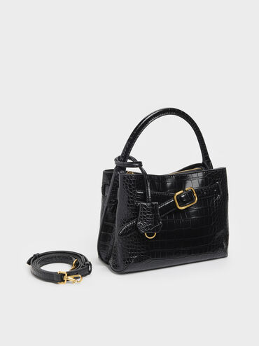 Tas Top Handle Victoria Belted Croc-Effect, Black Croco, hi-res