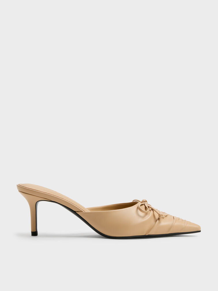 Ruched Bow Pointed Heeled Mules, Sand, hi-res