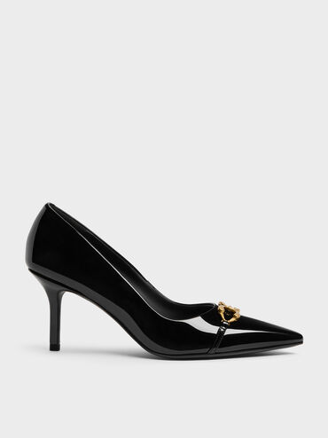 Sepatu Pumps Pointed Metallic-Buckle Patent, Black Patent, hi-res