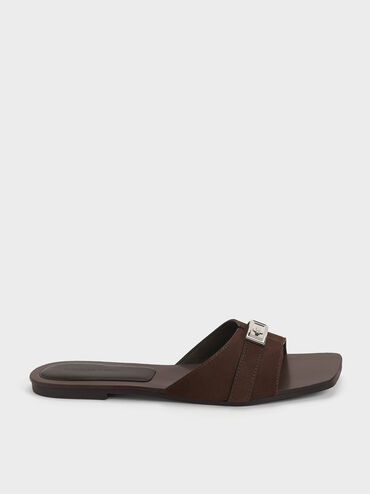 Lando Faux Suede Belted Slide Sandals, Dark Brown Textured, hi-res
