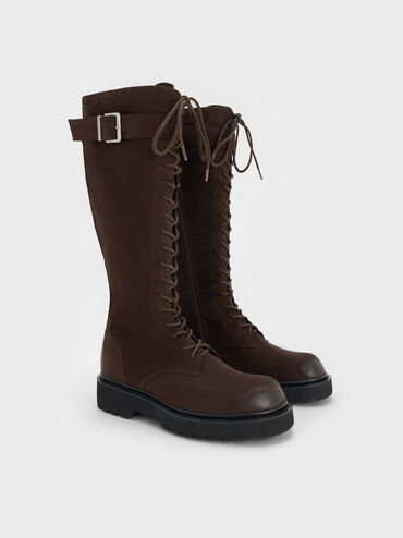 Sepatu Knee-High Boots Buckle-Strap Lace-Up Darian Faux Suede, Dark Brown Textured, hi-res