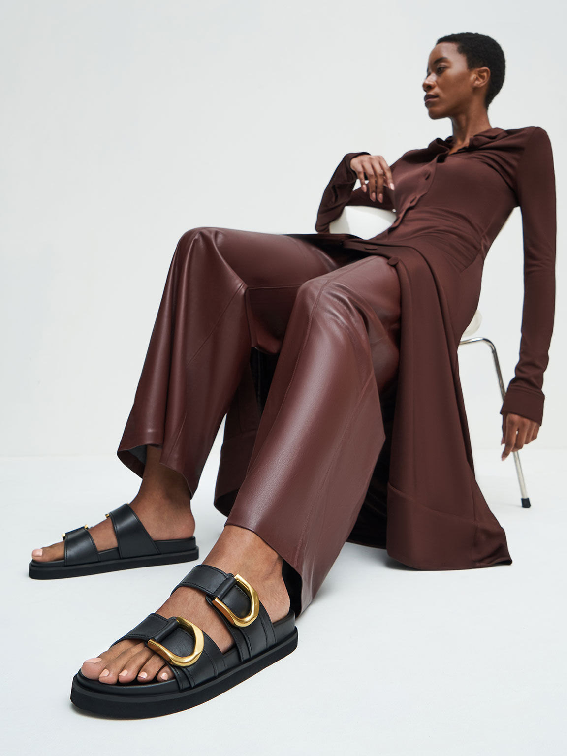 Sandal Slides Gabine Buckled Leather, Black, hi-res