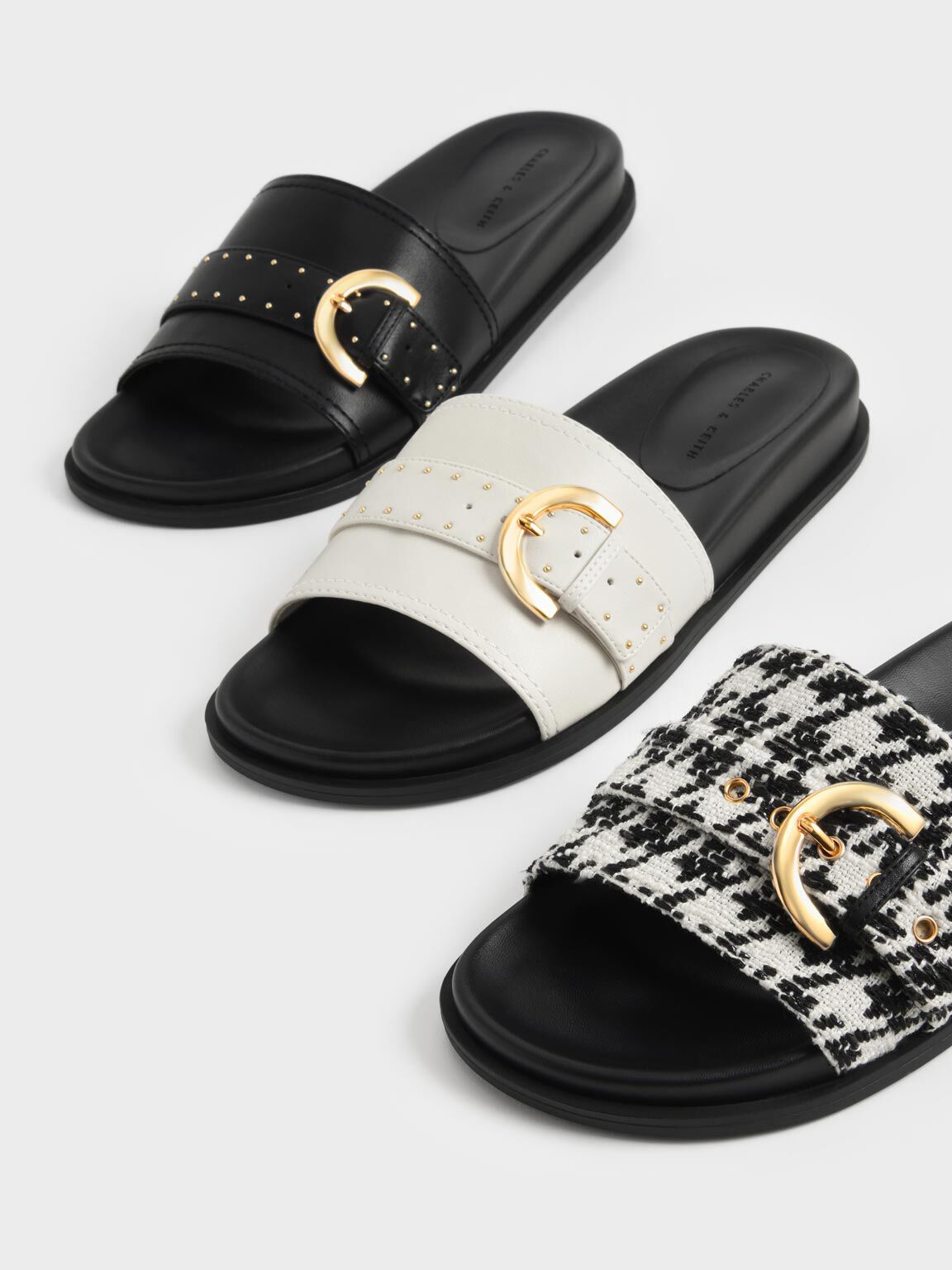 Studded Buckle Slide Sandals, Black, hi-res