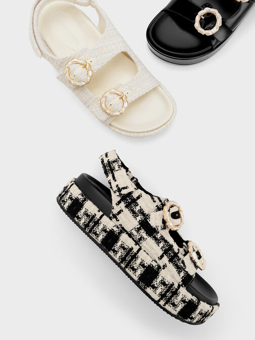 Sandal Double Strap Tweed Pearl-Buckle, Black Textured, hi-res