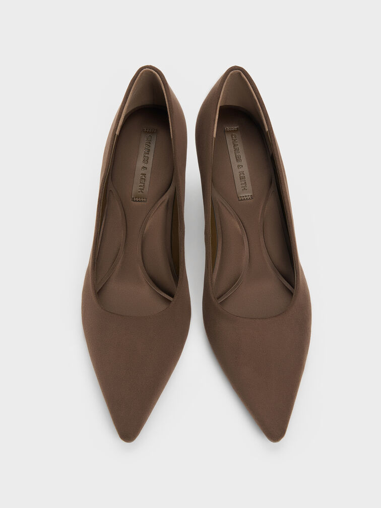 Sepatu Pumps Pointed Emmy Faux Suede, Dark Brown Textured, hi-res