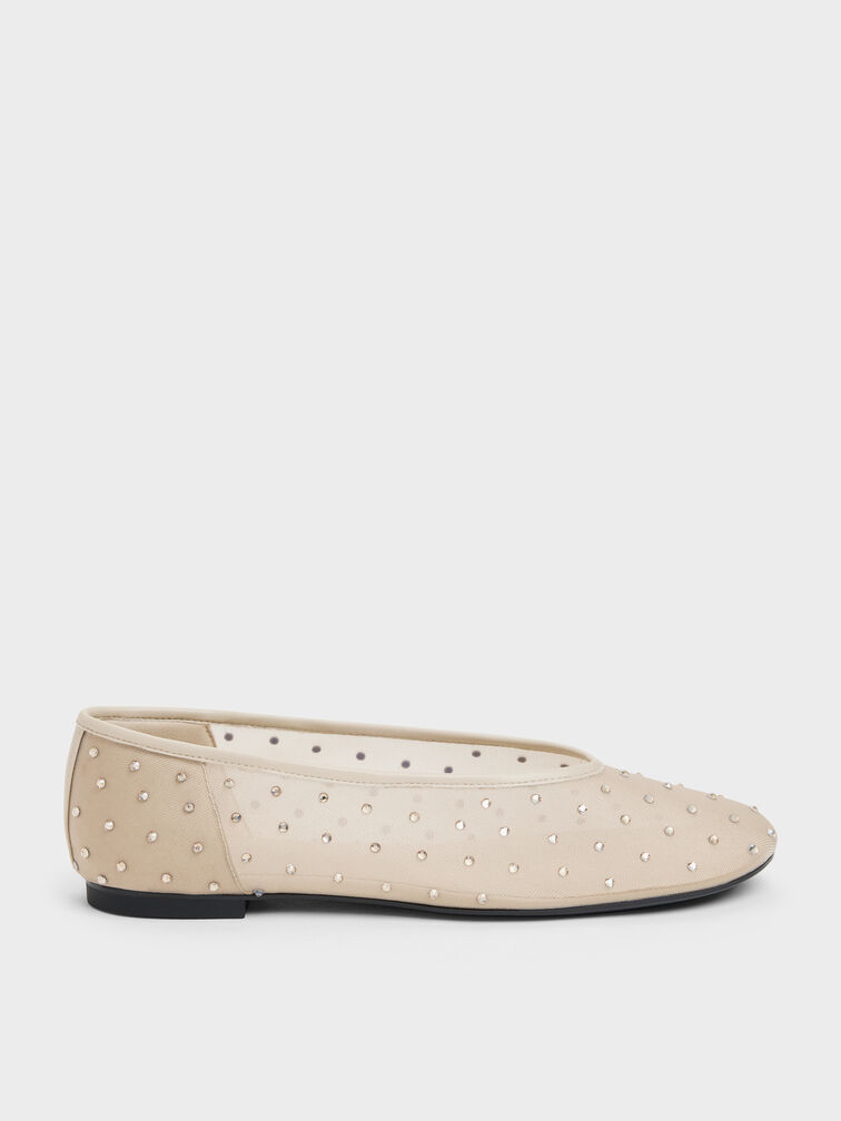 Sepatu Flats Ballet Crystal Mesh, Beige, hi-res