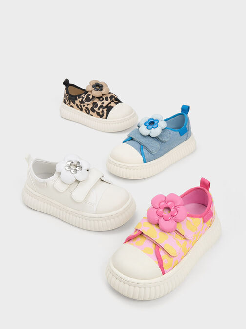 Girls' Puffy Flower Printed Sneakers, Sand, hi-res